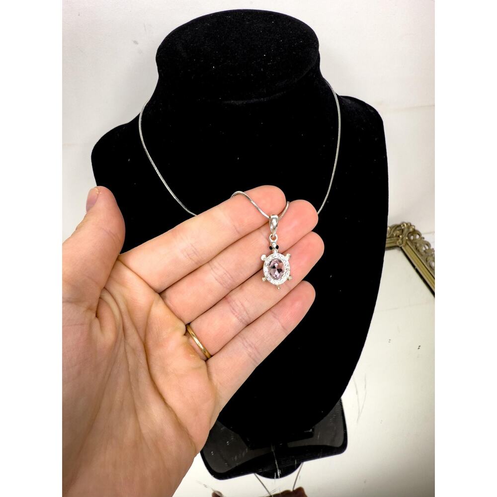 Vintage Silver Turtle With Pink Cubic Zirconia Stone Pendant Necklace Unsigned